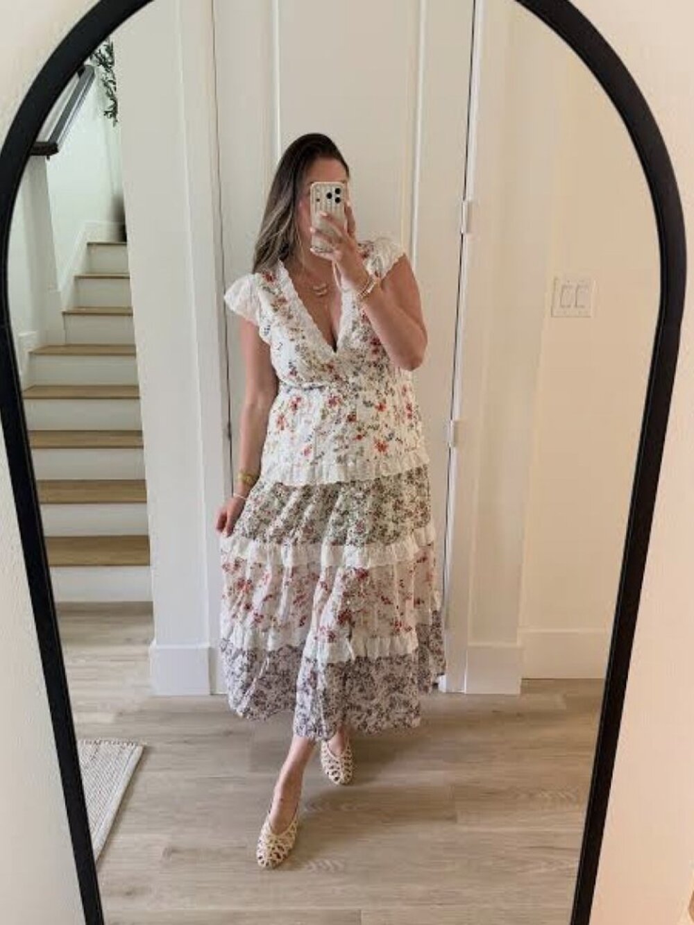 ANTHROPOLOGIE Peregrine Tiered Deco Midi Dress in White Floral Size Large